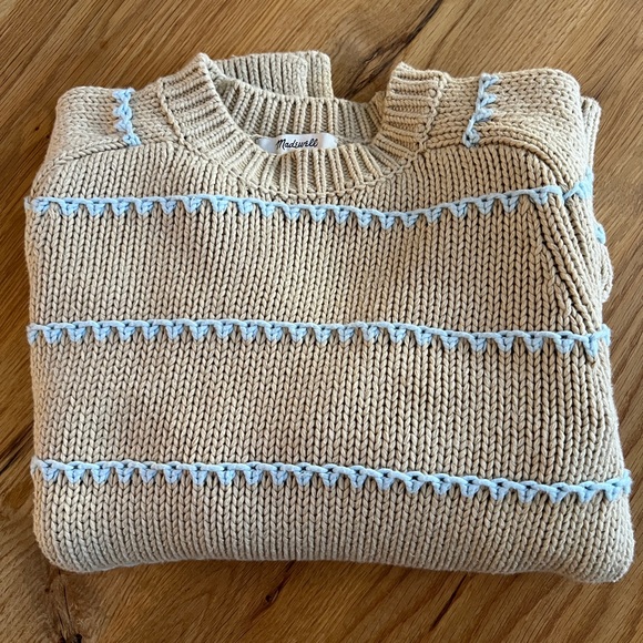 MADEWELL TEXTURED COTTON CREWNECK SWEATER IN STRIPE, PALE BLUE, SIZE XS, - Picture 16 of 16